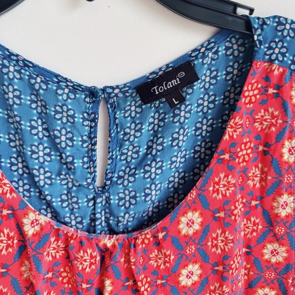 TOLANI Coral Red and Blue Floral Silk Blouse Size Large - Picture 4 of 4